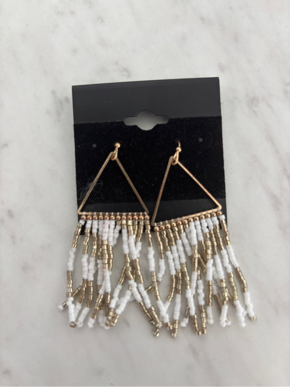 Gold and White Beaded Fringe Triangle Earrings - Women's Jewelry